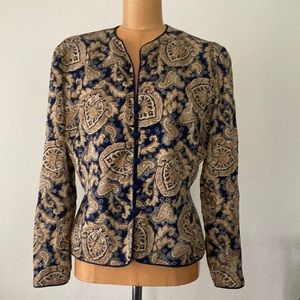 Adrianna Papel vintage silk navy and golden tan Paisley print jacket medium